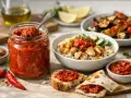 Słoik pełen pikantnej pasty harissa, która dodaje smaku potrawom. Obok pieczywo z harissą i miska z ryżem, kurczakiem i ciecierzycą.