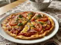 Pyszna pizza z tortilli z pomidorami, cebulą, szynką i serem, udekorowana bazylią. Idealna na szybki obiad.