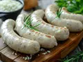 Kilka soczystych, białych kiełbasek surowych, przyprawionych ziołami, leży na drewnianej desce.