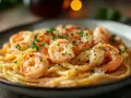 Pyszny makaron z krewetkami na winie, posypany natką pietruszki i parmezanem. Idealny na romantyczną kolację.