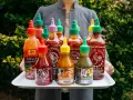 Taca z wieloma butelkami sosu Sriracha o różnych kolorach nakrętek.