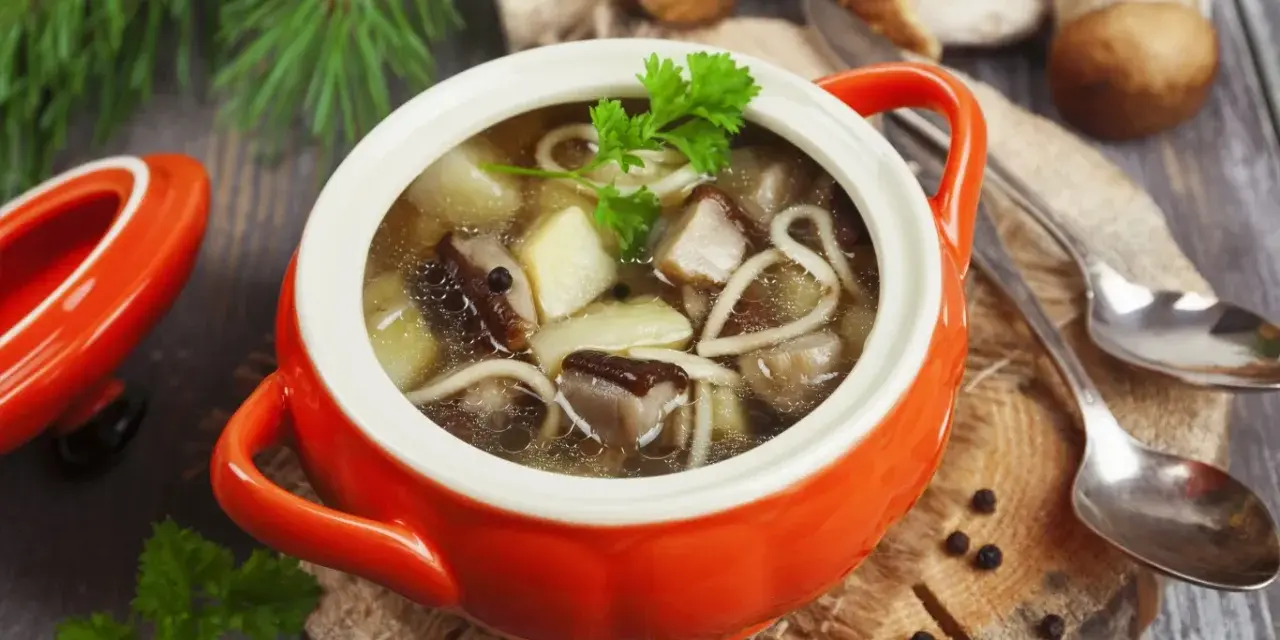 Aromatyczna zupa grzybowa ze świeżych grzybów, podana w pomarańczowym naczyniu, z gałązką natki pietruszki.