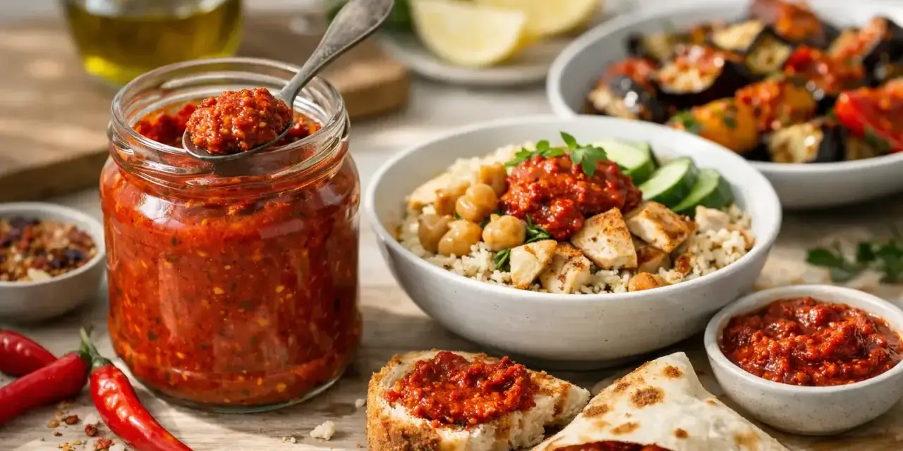 Słoik pełen pikantnej pasty harissa, która dodaje smaku potrawom. Obok pieczywo z harissą i miska z ryżem, kurczakiem i ciecierzycą.