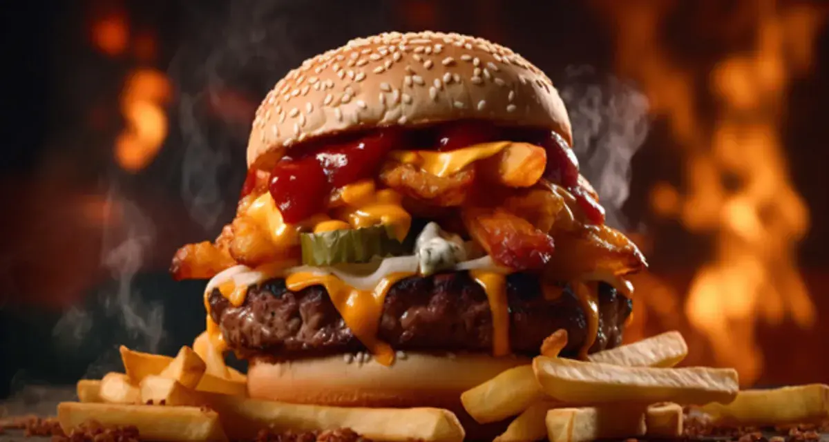 Soczysty burger z frytkami i serem, idealny na obiad. Pyszny sos amerykański przepis na domowe frytki.