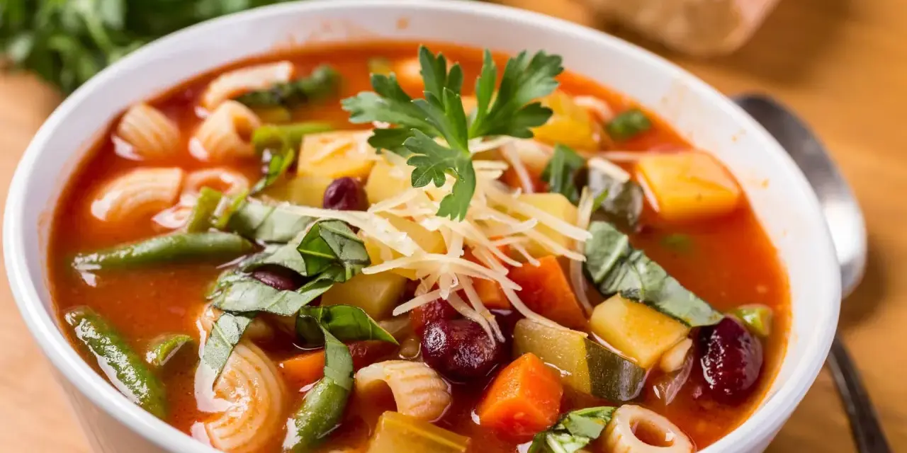 A miseczce aromatyczna zupa minestrone, oryginalny przepis z makaronem, fasolką, ziemniakami i startym parmezanem.
