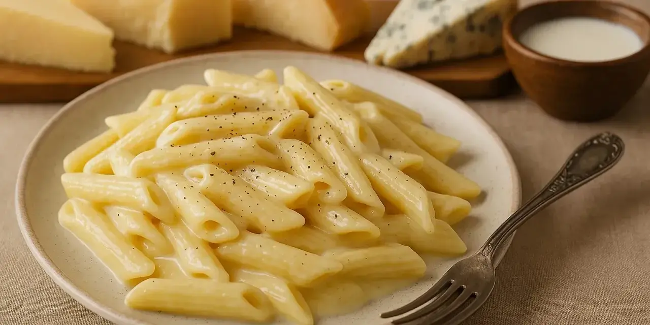 Penne w kremowym sosie serowym, z kawałkami parmezanu i sera pleśniowego w tle. Idealne danie mac and cheese.