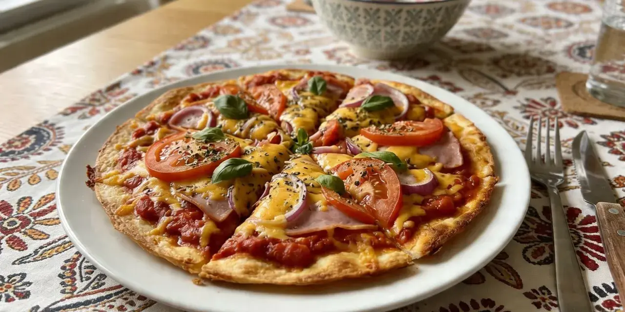 Pyszna pizza z tortilli z pomidorami, cebulą, szynką i serem, udekorowana bazylią. Idealna na szybki obiad.