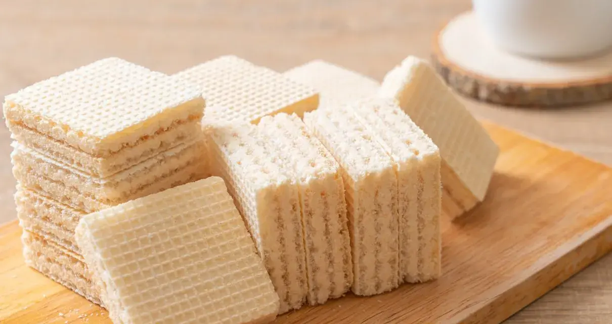 Chrupiące wafle z mlekiem w proszku i galaretką, ułożone na drewnianej desce. Idealne na deser.