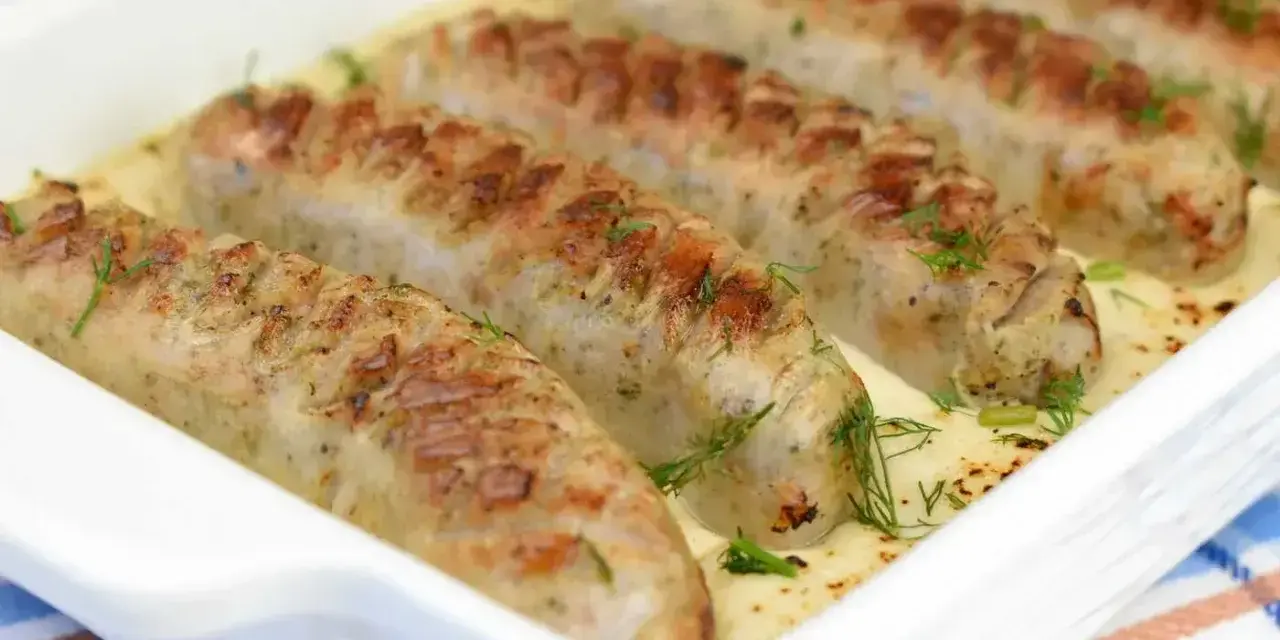 Pieczona biała kiełbasa w kremowym sosie chrzanowym, udekorowana świeżym koperkiem. Pyszne danie gotowe do podania.