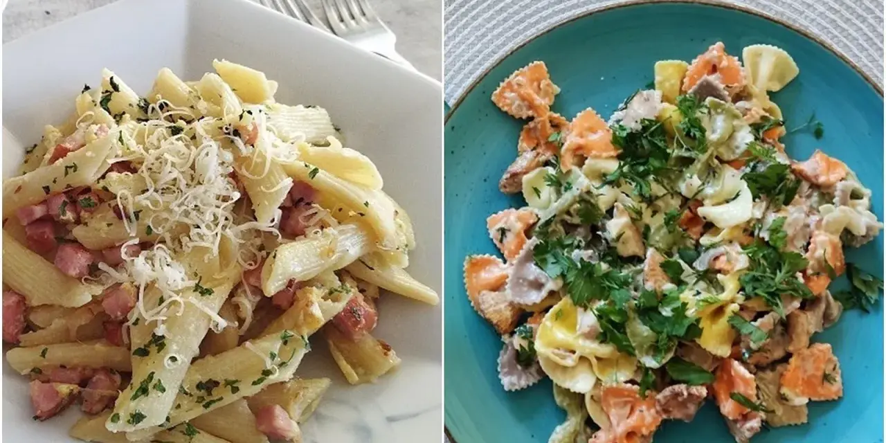 Dwa dania z makaronem: penne z boczkiem i parmezanem oraz kolorowe farfalle w kremowym sosie. Idealne pomysły, z czym zrobić makaron na obiad.