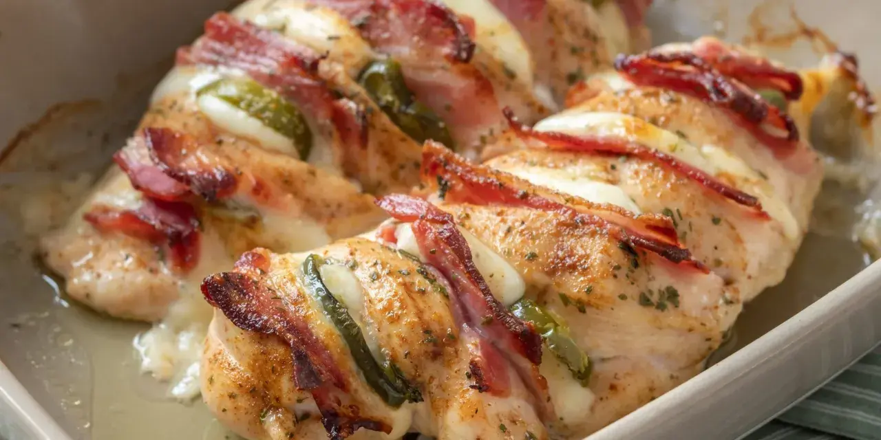 Pieczona pierś z kurczaka zawinięta w boczek, z serem i papryczką jalapeno, w naczyniu żaroodpornym.