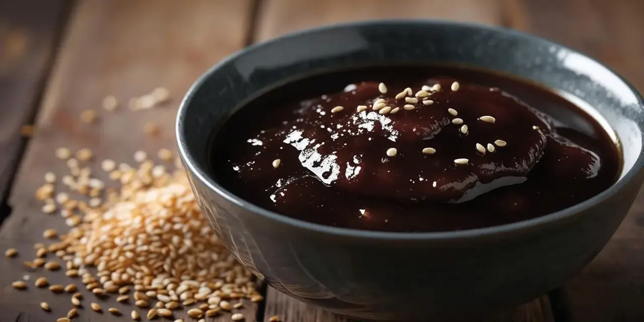 Gęsty, błyszczący sos teriyaki w misce, posypany sezamem. Obok garść ziaren sezamu. Idealny sos teriyaki przepis.