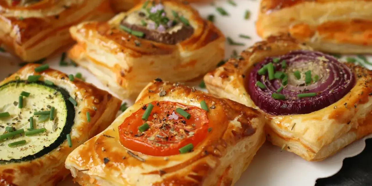 Aperitif z ciasta francuskiego na słono: z cukinią, pomidorem, cebulą i grzybami. Idealne na przyjęcie!