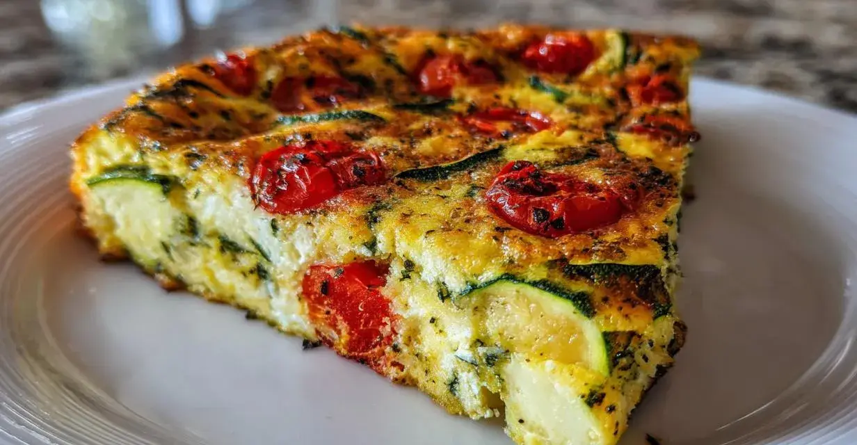 Pyszna frittata z cukinią, pomidorkami i ziołami, podana na białym talerzu. Idealna na lekki posiłek.