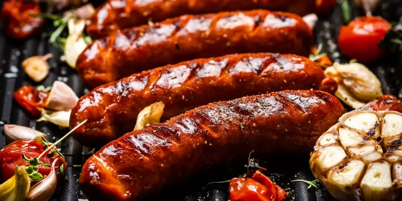 Soczyste kiełbaski na grillu, z czosnkiem i pomidorkami. Idealna odpowiedź na pytanie: jaka kiełbasa na grilla?