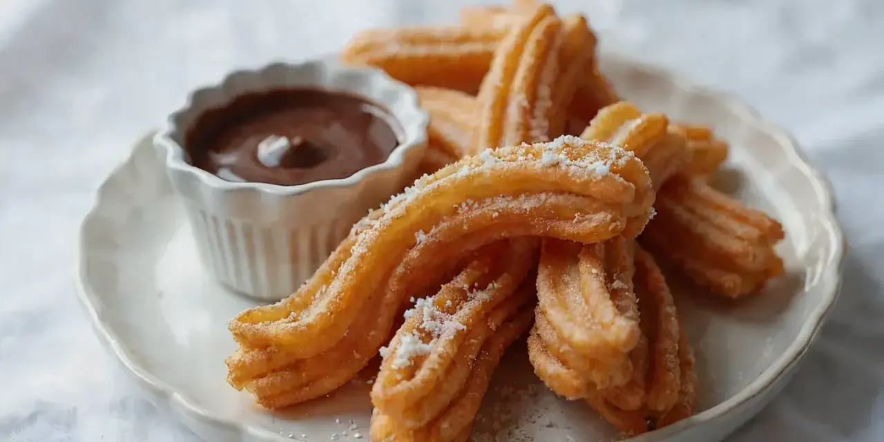 Churros con chocolate, złociste, posypane cukrem, czekają na zanurzenie w gorącej, gęstej czekoladzie. Idealna przekąska.