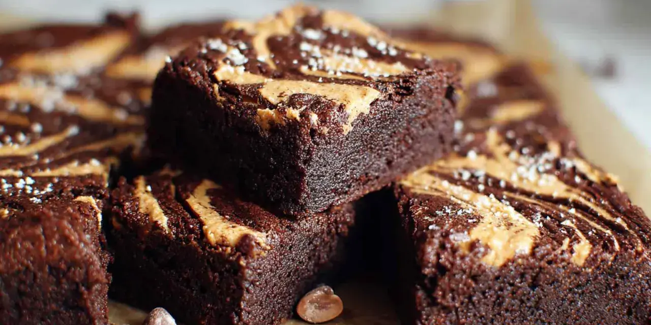 Czekoladowe brownie z masłem orzechowym, posypane solą morską. Idealne na deser.