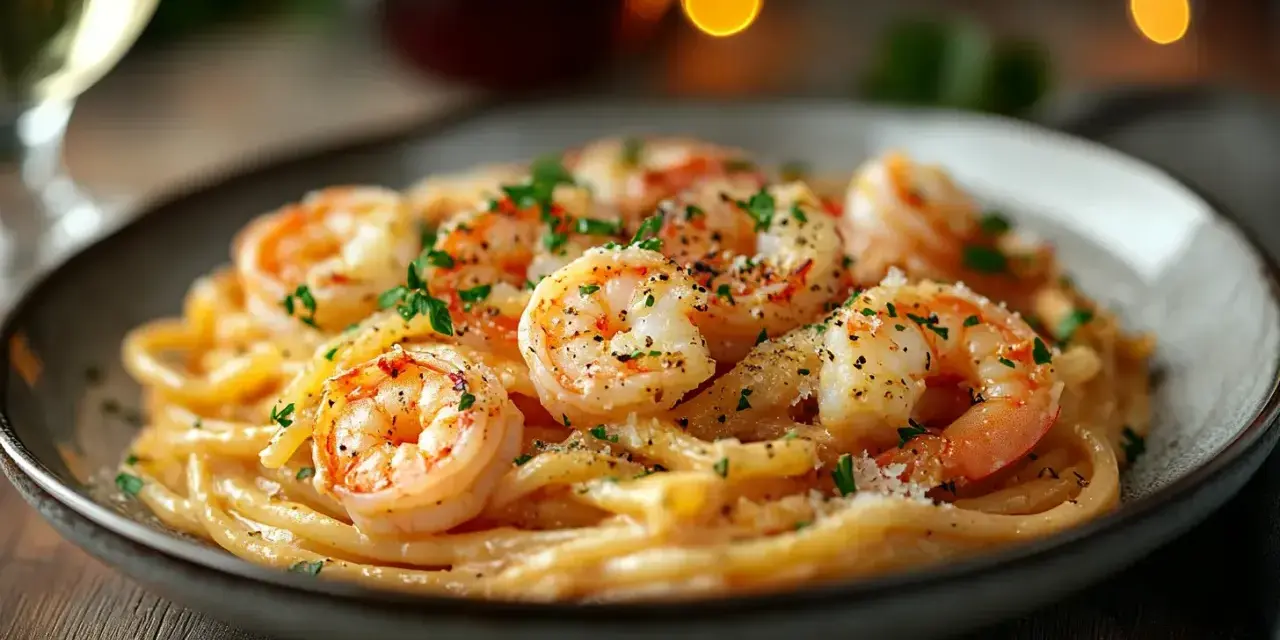 Pyszny makaron z krewetkami na winie, posypany natką pietruszki i parmezanem. Idealny na romantyczną kolację.