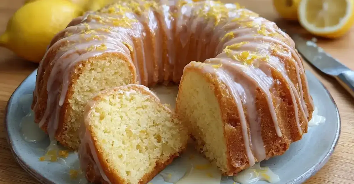 Wilgotna babka cytrynowa na oleju, polana lukrem i posypana skórką cytrynową, prezentuje się apetycznie na talerzu.