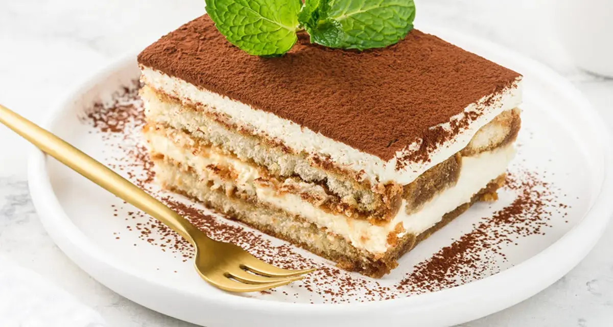 Pyszne tiramisu z mascarpone i śmietaną, posypane kakao i ozdobione miętą. Złoty widelec czeka na pierwszy kęs.