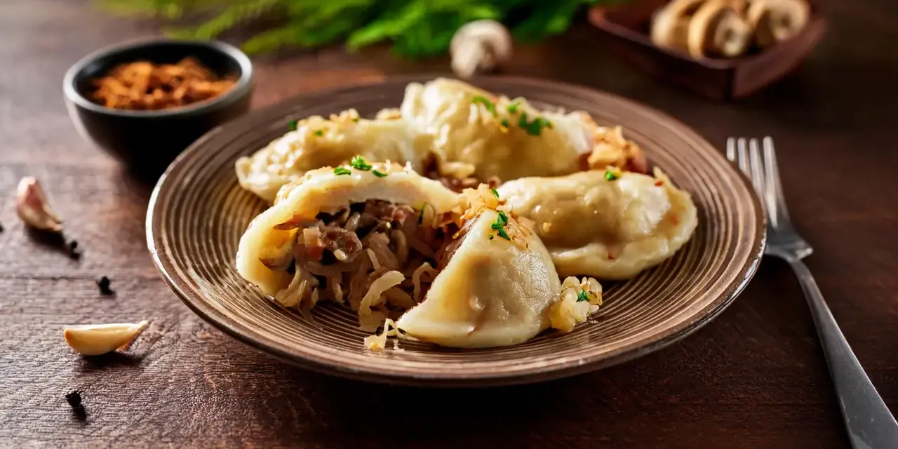 Talerz pełen pysznych, domowych pierogów z kapustą i grzybami, posypanych szczypiorkiem. Obok czosnek i pieprz.