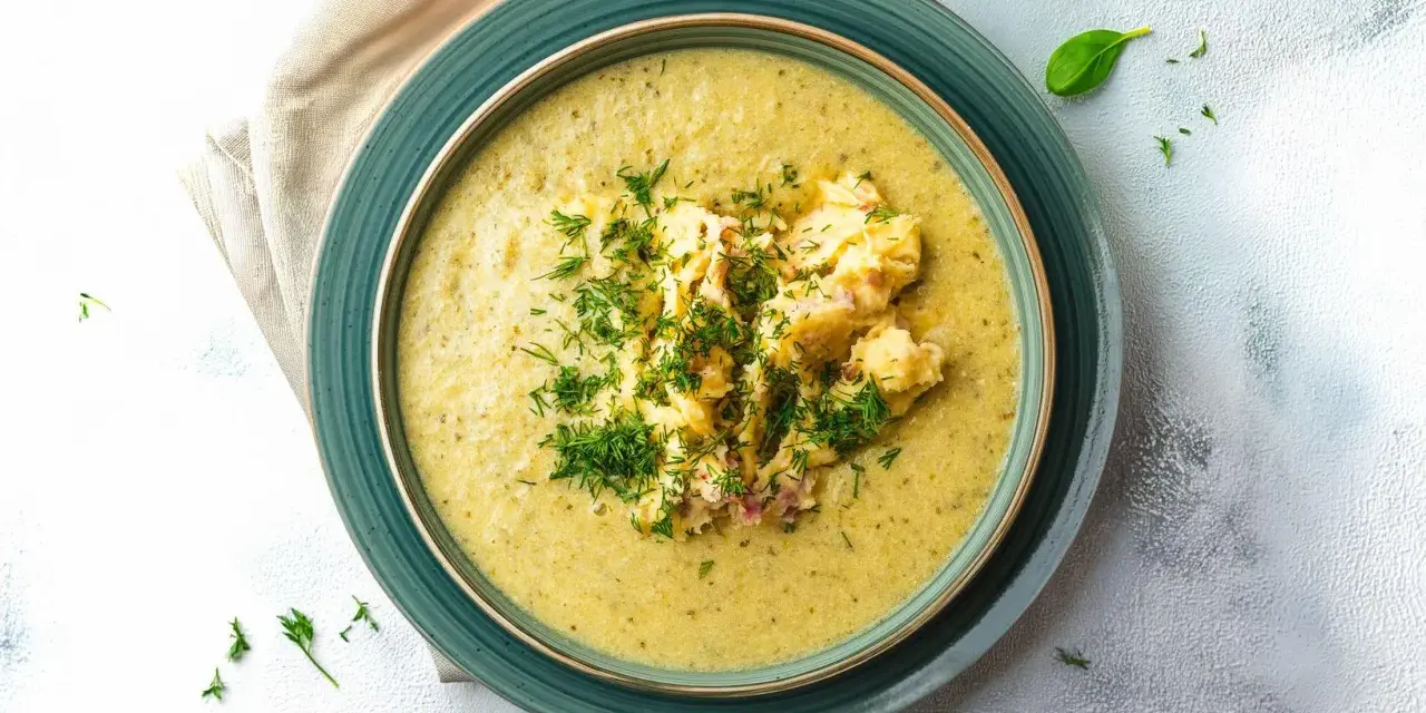 Aksamitna zupa z zielonego groszku z puszki, udekorowana puree ziemniaczanym i świeżym koperkiem.