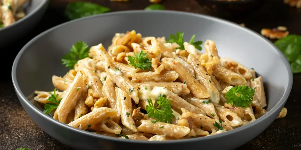 Penne ze szpinakiem i orzechami włoskimi w kremowym sosie, udekorowane natką pietruszki.