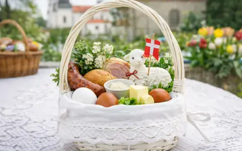 Biały koszyk z tradycyjnymi produktami co do swieconki: jajka, kiełbasa, chleb, masło, baranek z flagą Danii.