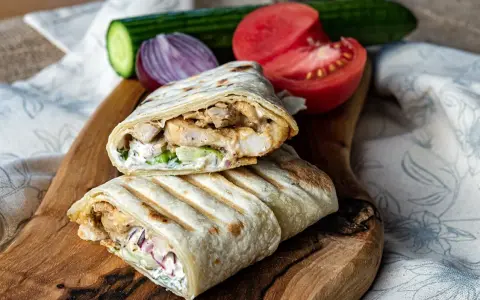 Pyszny domowy kebab w tortilli z kurczakiem, warzywami i sosem. Idealny na szybki obiad.