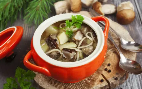 Aromatyczna zupa grzybowa ze świeżych grzybów, podana w pomarańczowym naczyniu, z gałązką natki pietruszki.