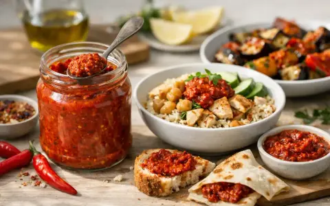 Słoik pełen pikantnej pasty harissa, która dodaje smaku potrawom. Obok pieczywo z harissą i miska z ryżem, kurczakiem i ciecierzycą.