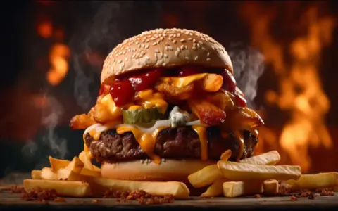 Soczysty burger z frytkami i serem, idealny na obiad. Pyszny sos amerykański przepis na domowe frytki.