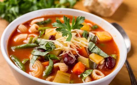 A miseczce aromatyczna zupa minestrone, oryginalny przepis z makaronem, fasolką, ziemniakami i startym parmezanem.