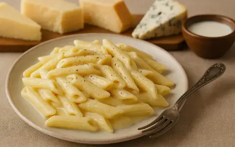 Penne w kremowym sosie serowym, z kawałkami parmezanu i sera pleśniowego w tle. Idealne danie mac and cheese.