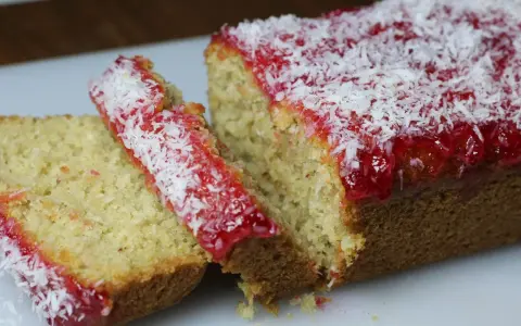 Pyszne ciasto z dżemem truskawkowym i wiórkami kokosowymi, pokrojone na kawałki.
