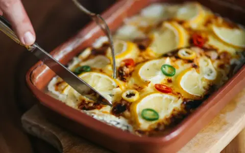 Pyszna zapiekanka z rybą, cytryną i papryczkami chili, gotowa do podania.