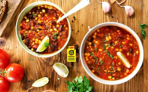 Zupa meksykańska Ani Gotuje: aromatyczne chili con carne z fasolą, kukurydzą i pomidorami, podana z limonką.