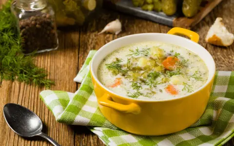 Zupa ogórkowa z koperkiem i pieprzem. Idealne jakie przyprawy do zupy ogórkowej? Koperek, pieprz, czosnek i oczywiście ogórki kiszone.