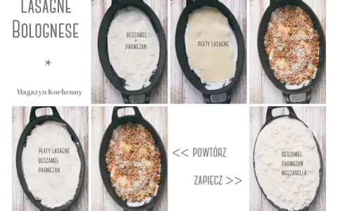 Prosty przepis na lasagne bolognese: warstwy beszamelu, makaronu, sosu bolońskiego i parmezanu. Powtórz i zapiecz.