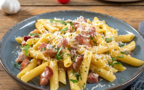 Penne z boczkiem, posypane parmezanem i natką pietruszki, na talerzu z drewnianym tłem.