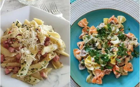 Dwa dania z makaronem: penne z boczkiem i parmezanem oraz kolorowe farfalle w kremowym sosie. Idealne pomysły, z czym zrobić makaron na obiad.