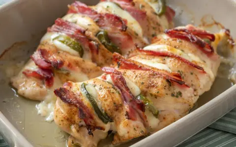 Pieczona pierś z kurczaka zawinięta w boczek, z serem i papryczką jalapeno, w naczyniu żaroodpornym.