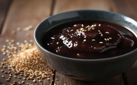 Gęsty, błyszczący sos teriyaki w misce, posypany sezamem. Obok garść ziaren sezamu. Idealny sos teriyaki przepis.