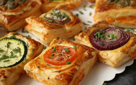 Aperitif z ciasta francuskiego na słono: z cukinią, pomidorem, cebulą i grzybami. Idealne na przyjęcie!