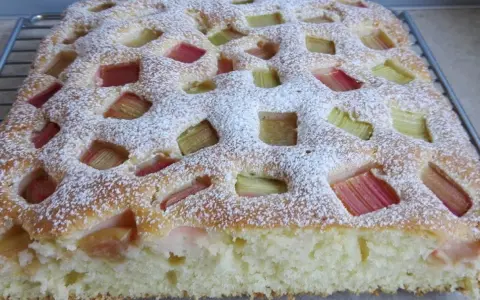 Puszyste jogurtowe ciasto z rabarbarem, posypane cukrem pudrem, z widocznymi kawałkami rabarbaru w kratkę.