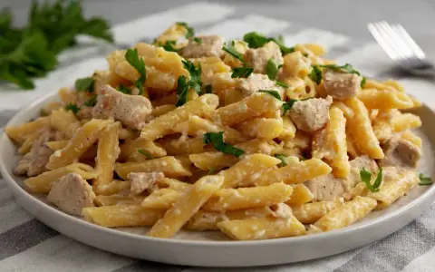 Penne z kremowym sosem i kawałkami indyka, posypane świeżą natką pietruszki. Pyszny makaron z indykiem na talerzu.