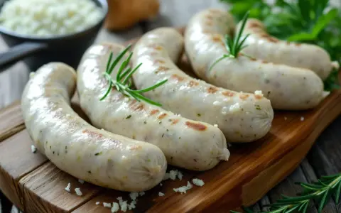 Kilka soczystych, białych kiełbasek surowych, przyprawionych ziołami, leży na drewnianej desce.