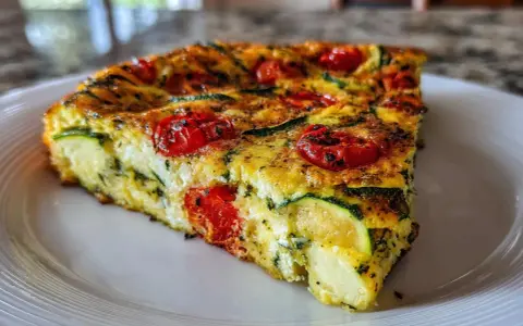 Pyszna frittata z cukinią, pomidorkami i ziołami, podana na białym talerzu. Idealna na lekki posiłek.