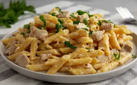 Penne z kurczakiem w kremowym sosie, posypane świeżą natką pietruszki. Pyszny makaron z sosem śmietanowym.