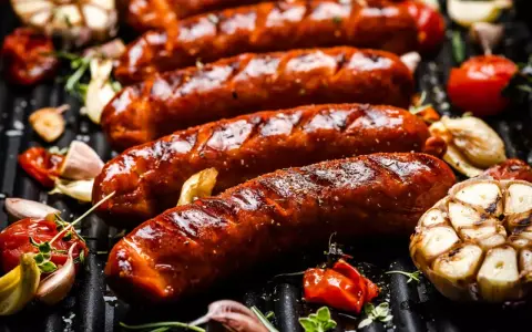 Soczyste kiełbaski na grillu, z czosnkiem i pomidorkami. Idealna odpowiedź na pytanie: jaka kiełbasa na grilla?